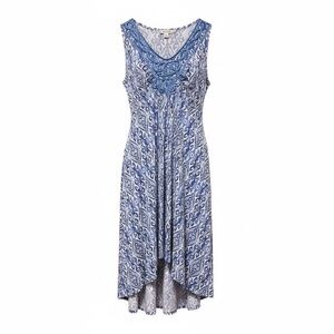 World Unity Blue Boho Geometric Midi Dress Crochet Neckline – Large